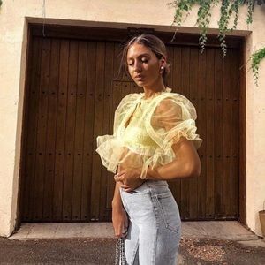 NWT ZARA YELLOW PUFF SLEEVE TULLE VOLUMINOUS TOP🔥